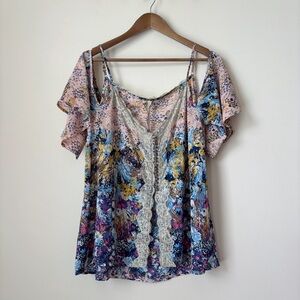 Aratta Silent Journey Midnight Garden Blouse Large Cold Shoulder Floral